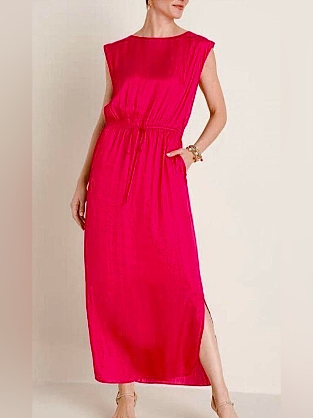 Chicos Tie Waist Maxi Dress Solid Summer Berry Raspberry Fuschia Pink Silky 2